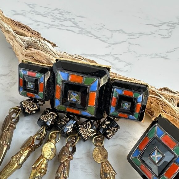 TOGO Paris Brooch and Earrings, Mosaic Glass Cabochons, Vintage Statement - Picture 4 of 7